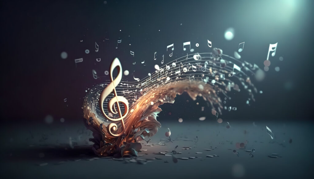 Volumetric musical background with a treble clef and notes, generative AI.