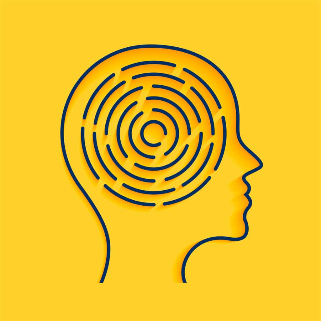 line style human head with maze puzzle on yellow background